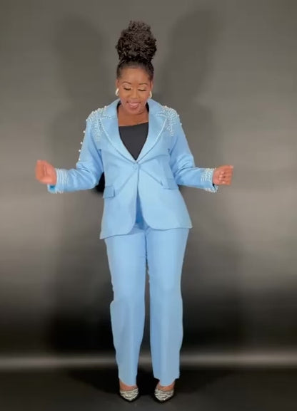 Elegant beading pant suit Set (skyblue)