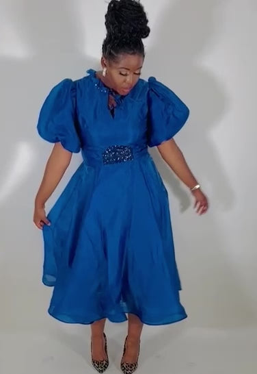 Puffy shortsleeve belted Midi Dress