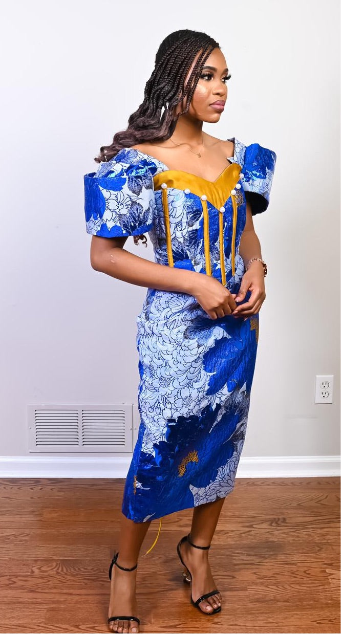 Blue Corset Brocade Dress